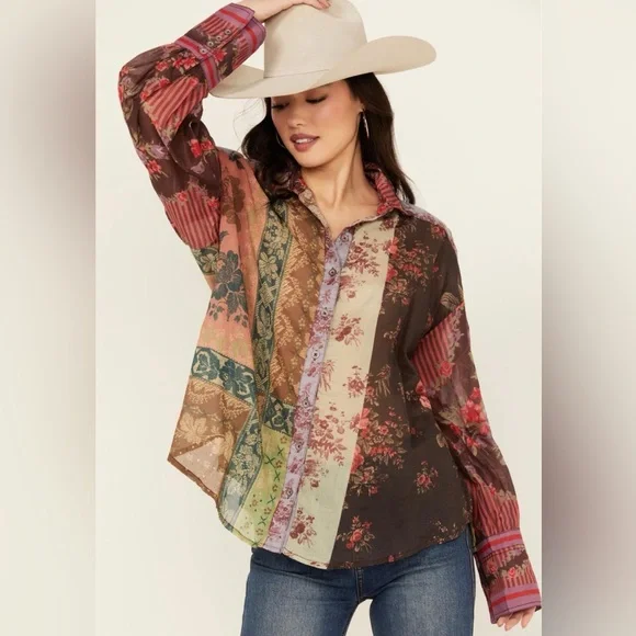 Free People We The Free Patchwork Floral Button Down Blouse Boho Cottagecore  XS - Picture 14 of 14